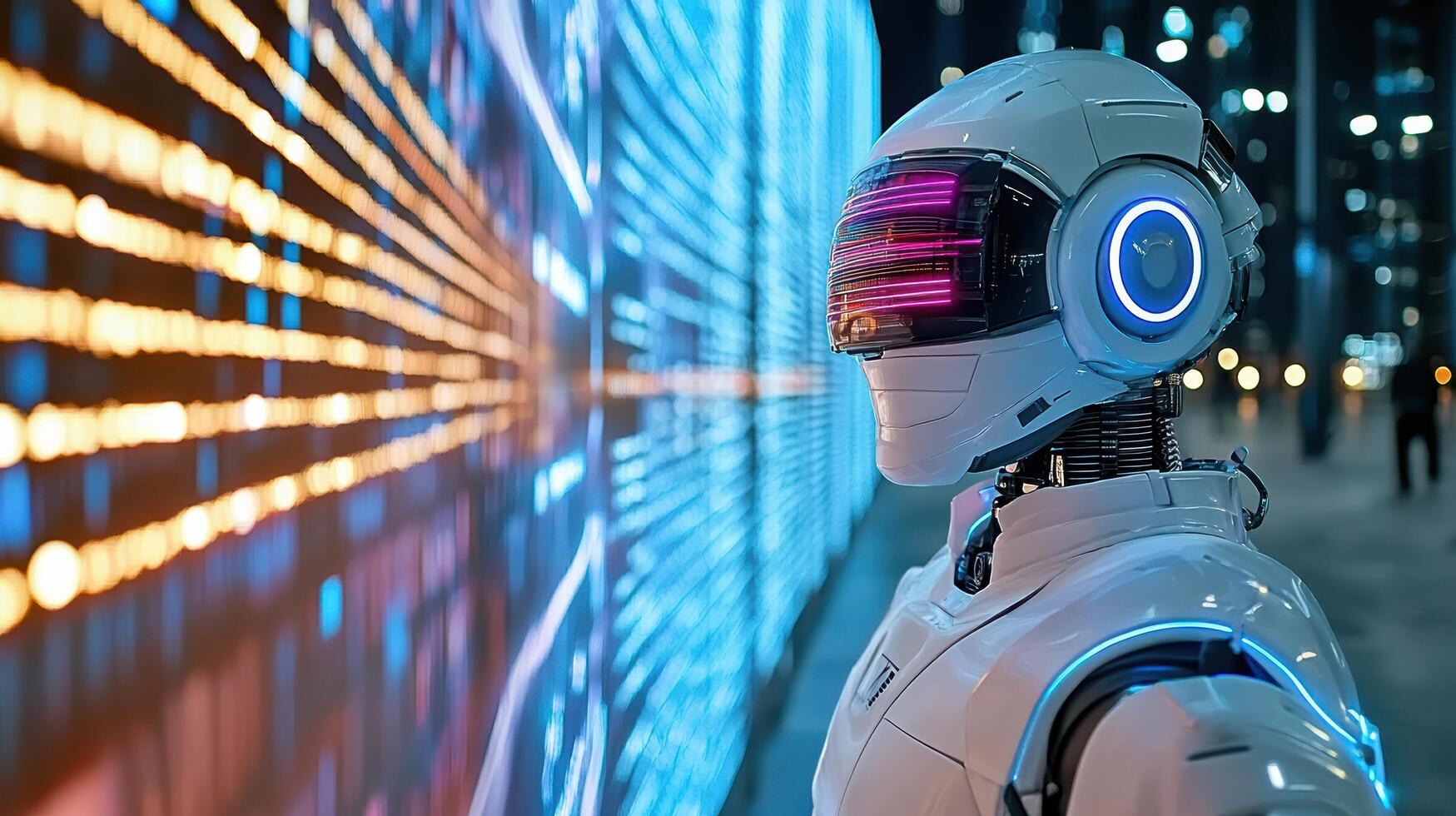 A robot standing in front of a city skyline photo