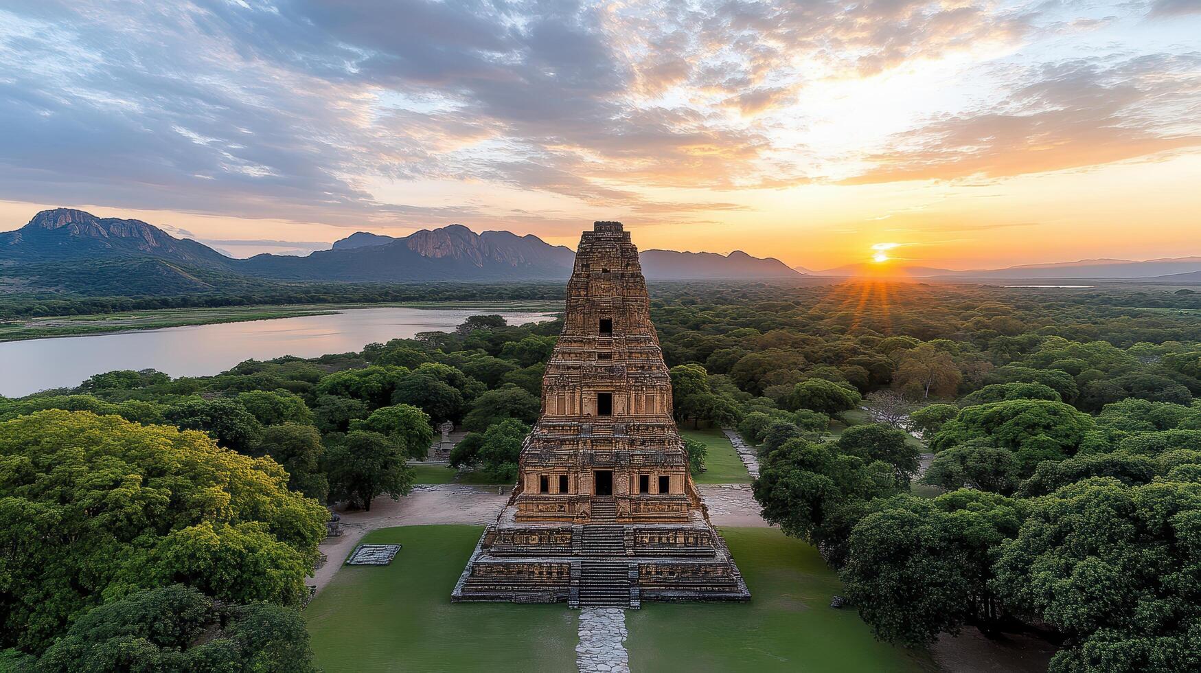 The sun sets over the hindu temple in india photo