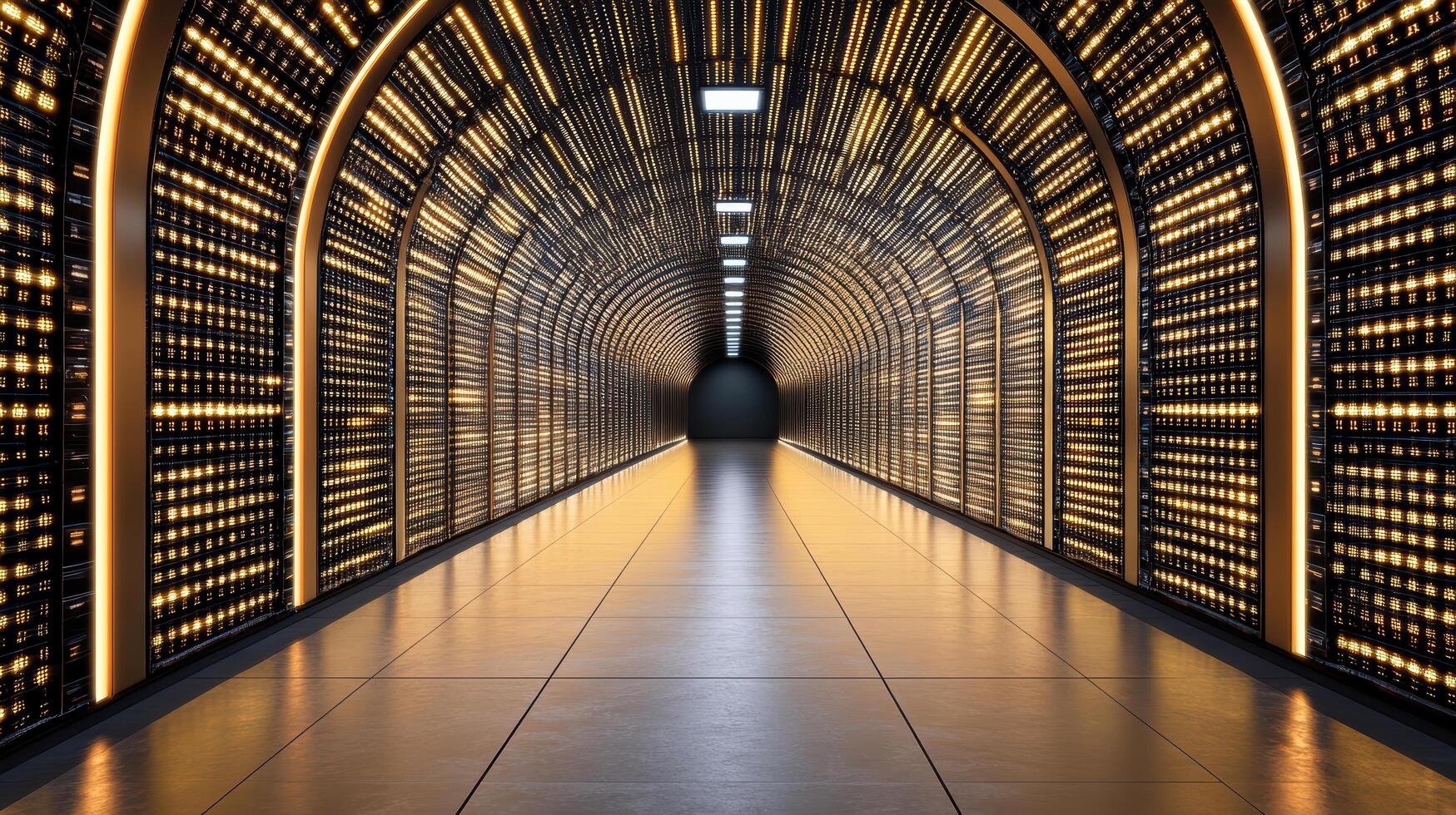 A long tunnel with many rows of computer screens photo