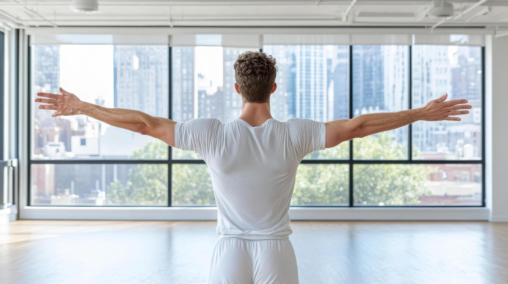 A man in a white shirt is standing in front of a large window photo