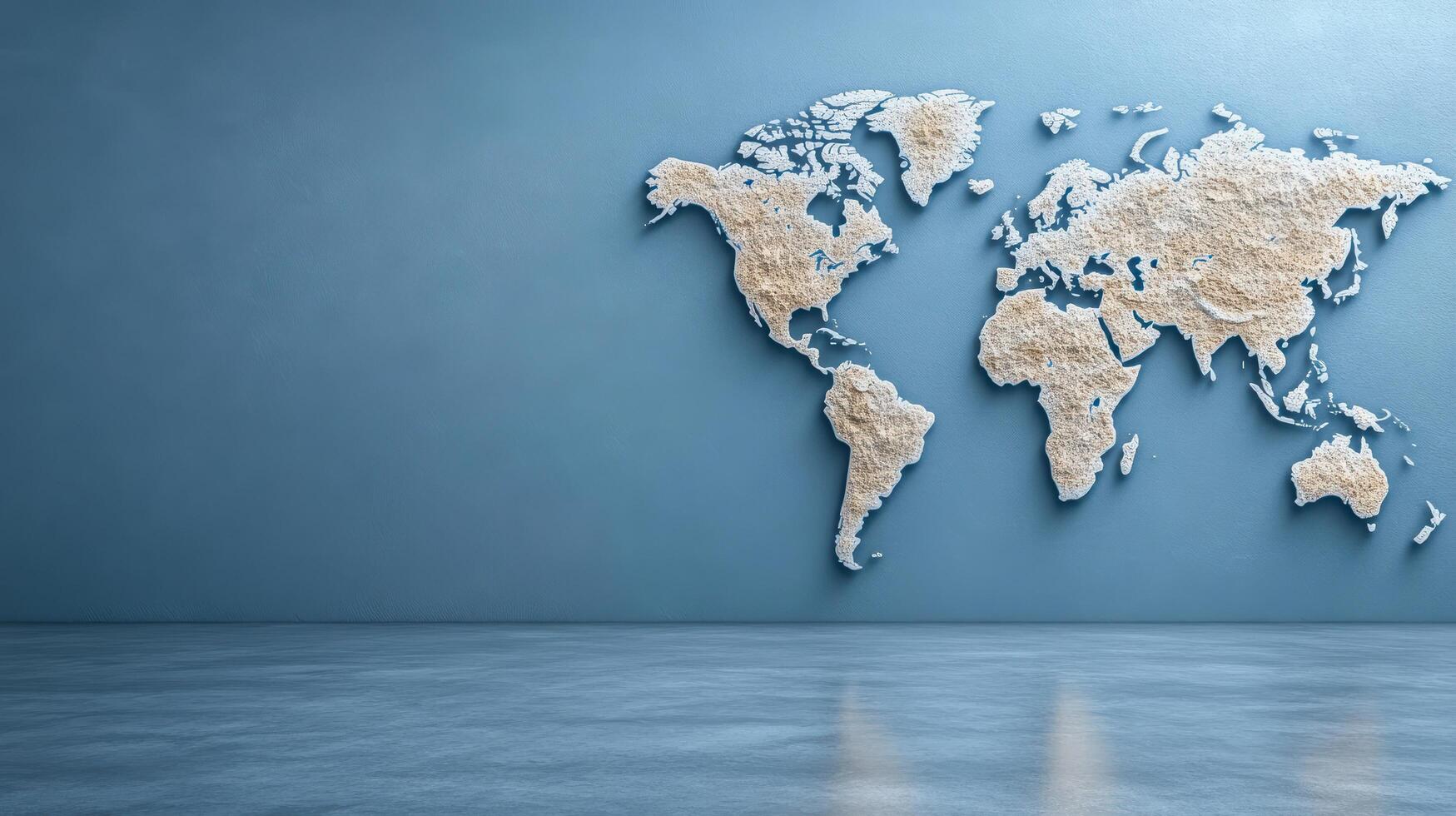 World map on blue wall with reflection photo