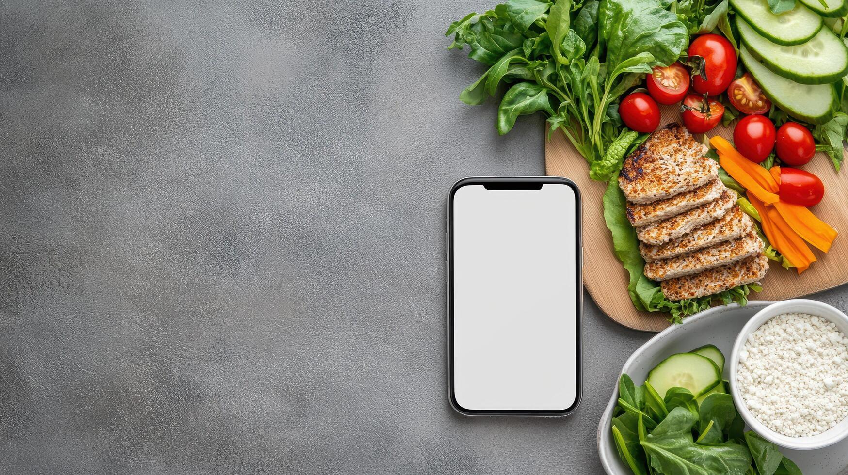 Healthy food with smartphone and blank screen on gray background photo