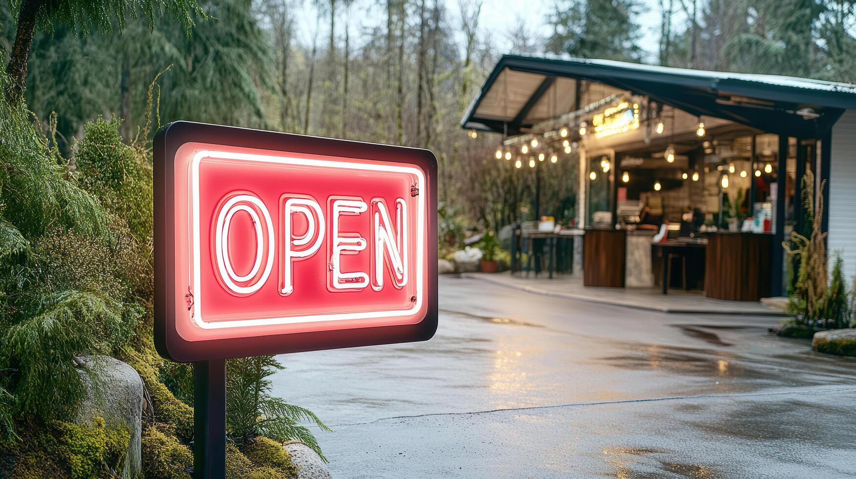A red neon sign that says open photo