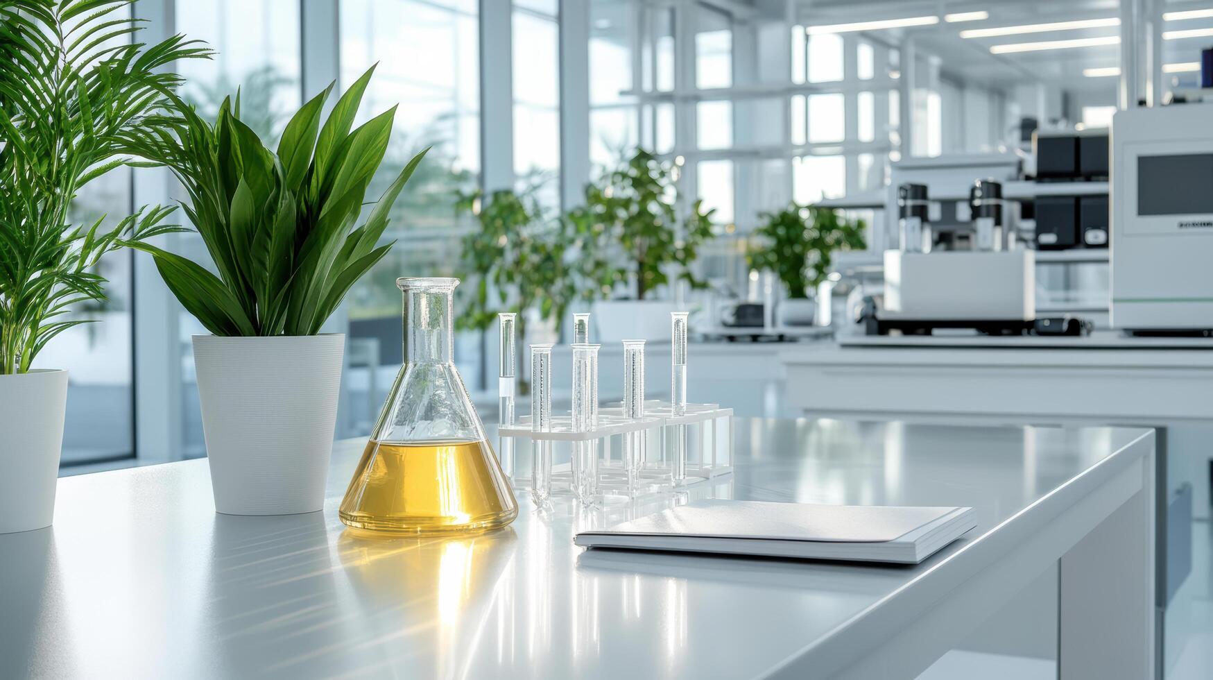 A laboratory with a glass vase and a plant photo