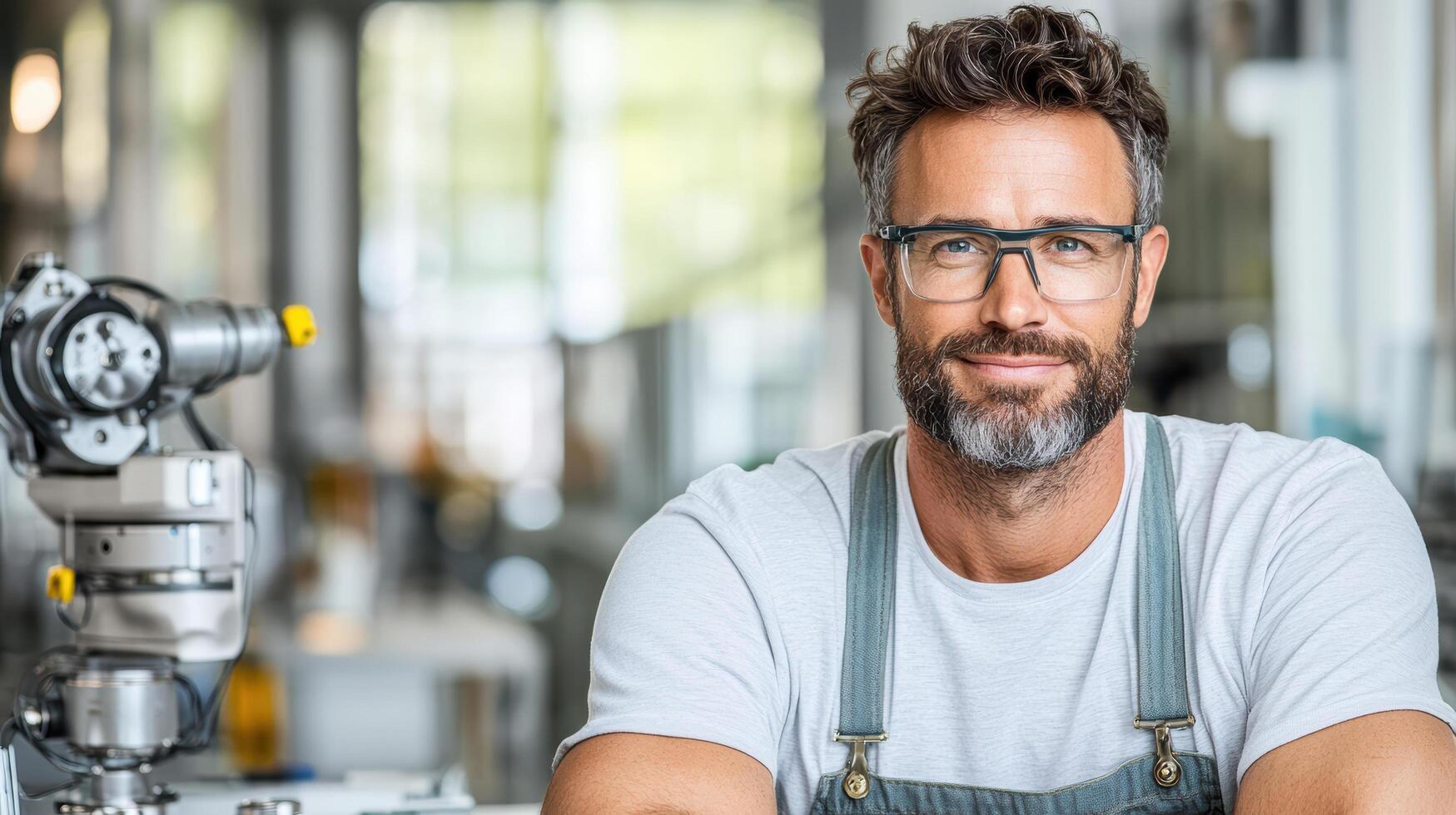 A man with glasses and beard sitting at a table photo