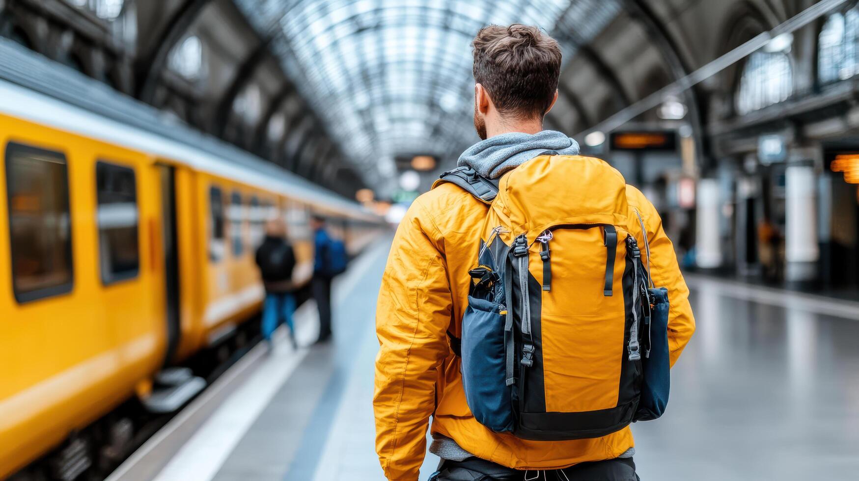 A man with a yellow backpack standing in front of a train photo