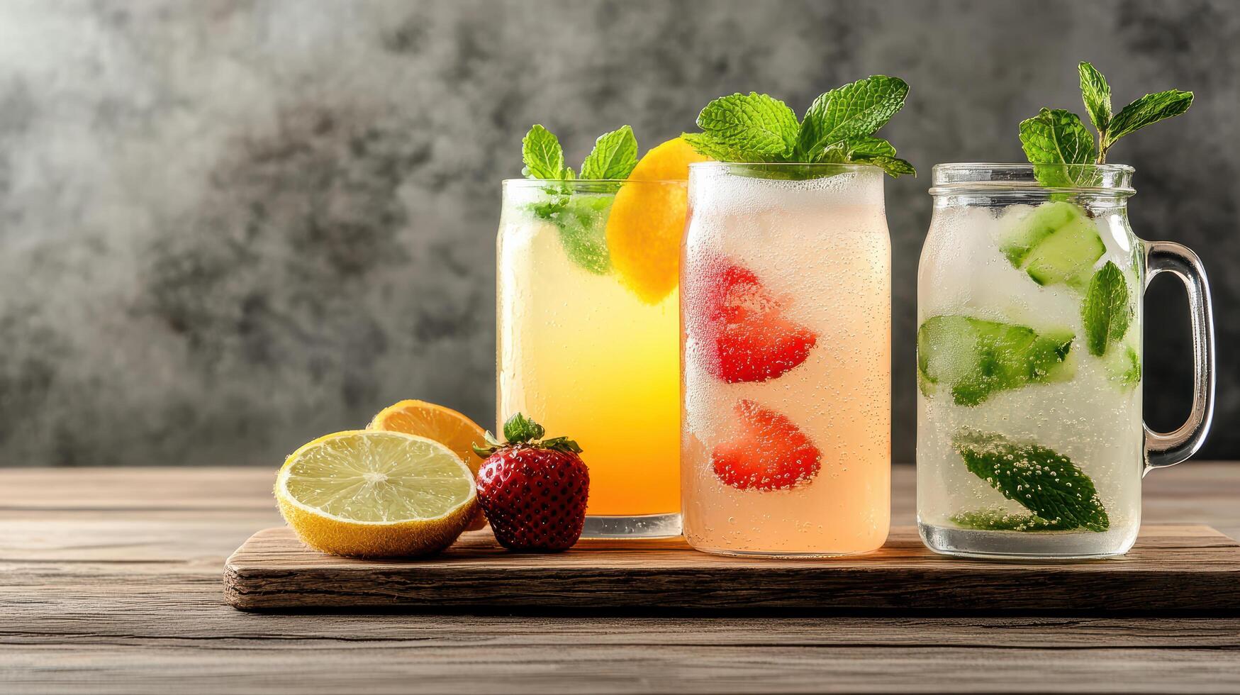 Three different types of drinks with strawberries, lemon and mint photo