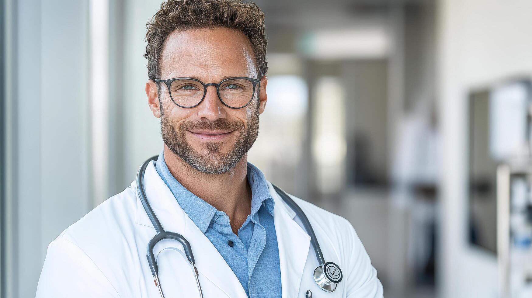 A male doctor wearing glasses and a white coat photo