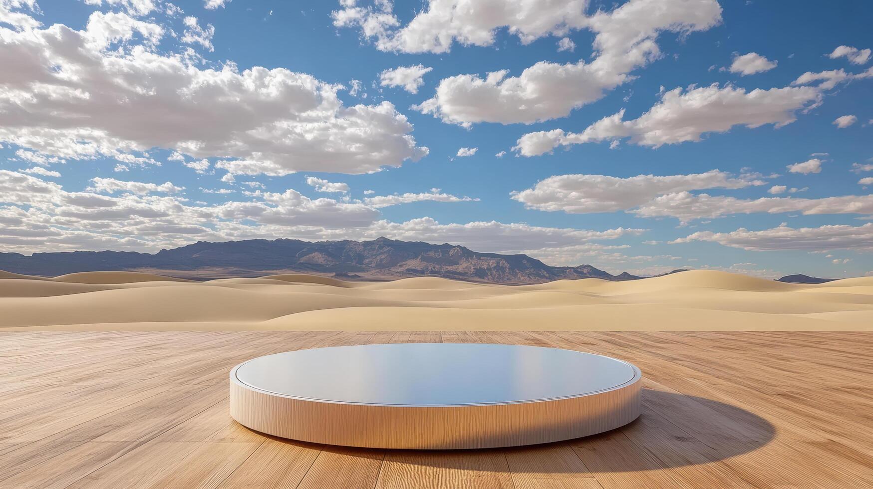 A white round table in the middle of a desert photo