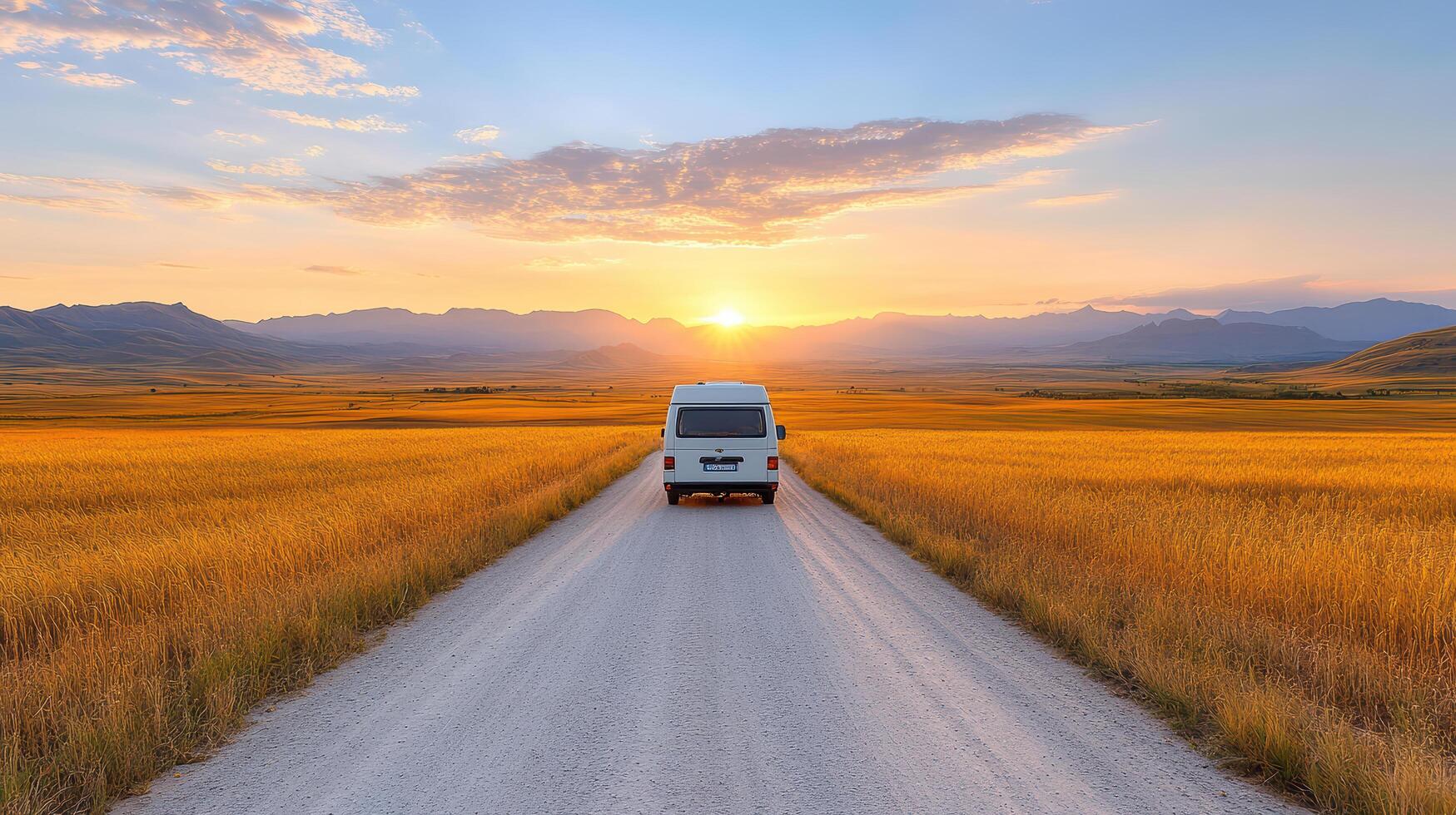 A van driving down a dirt road at sunset photo