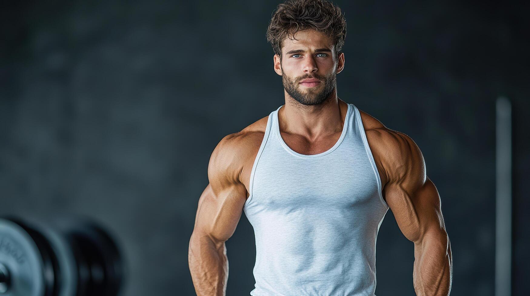 A man in a white tank top and shorts is posing for the camera photo