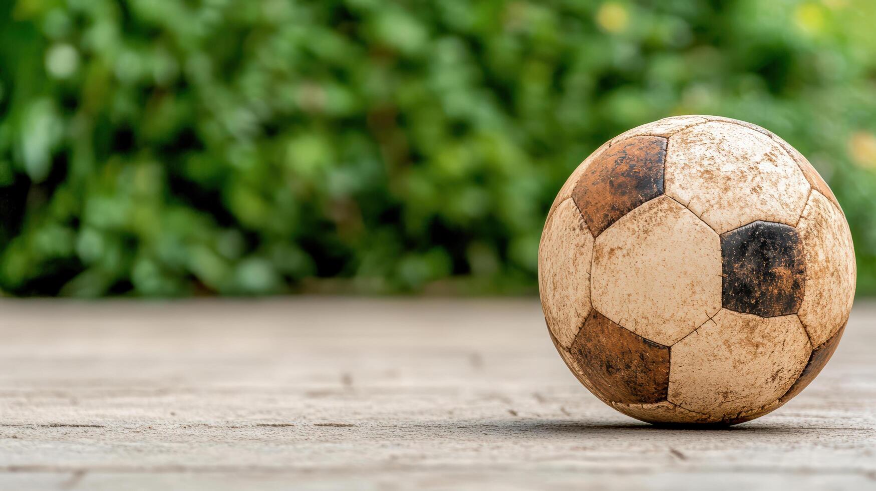 An old soccer ball on a wooden floor photo