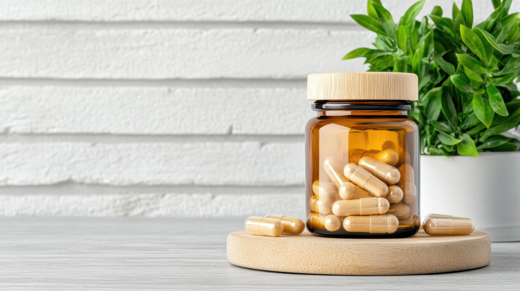 A bottle of vitamin pills on a wooden stand photo