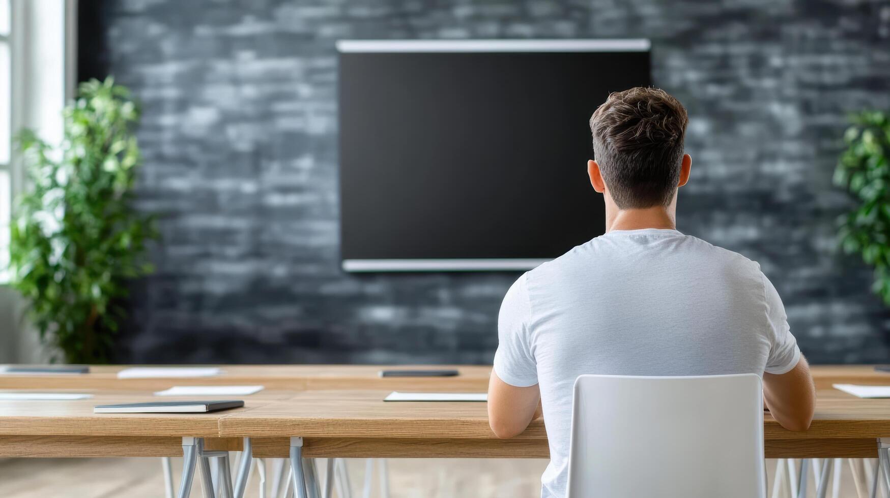 A man sitting at a table in front of a blackboard photo
