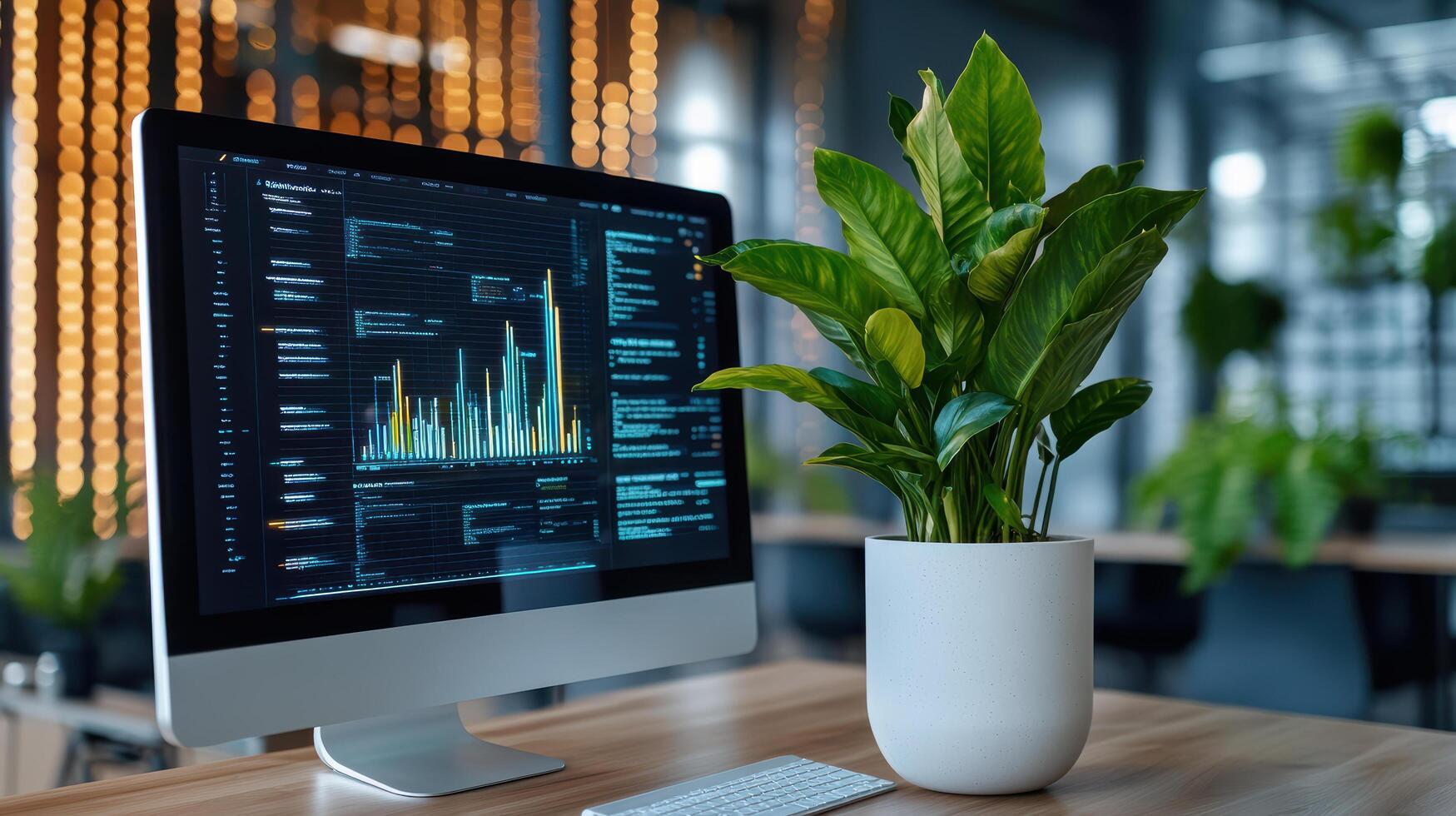 A computer monitor with a plant on it photo
