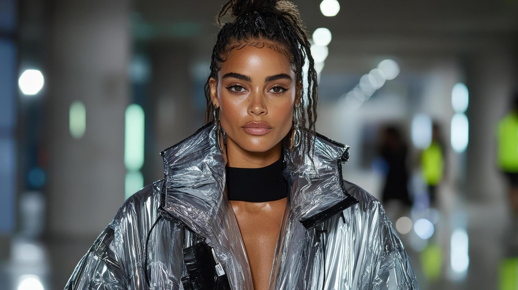 A model in a shiny silver jacket and black top photo