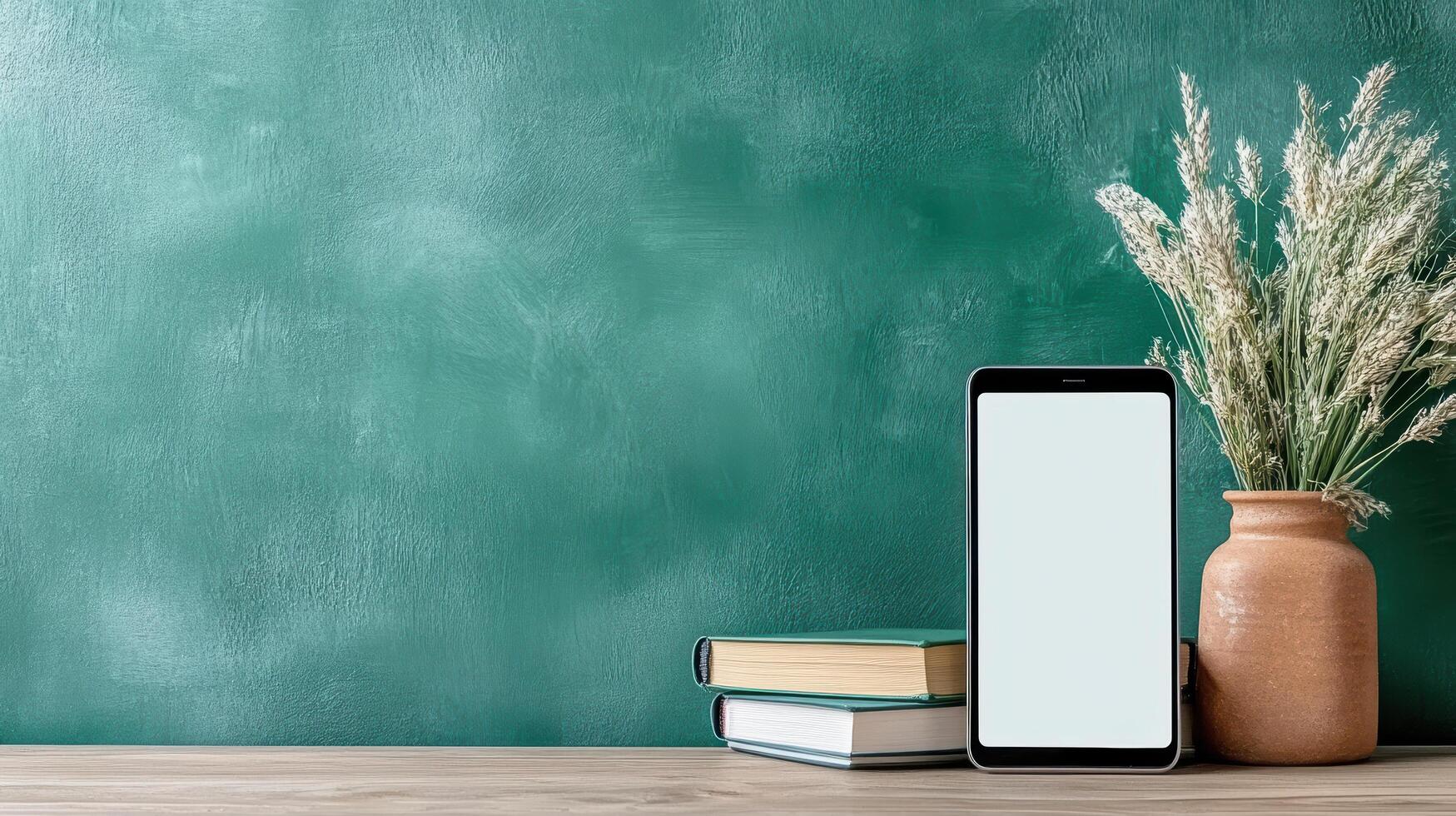 Smartphone and books on a wooden table with a green wall background photo