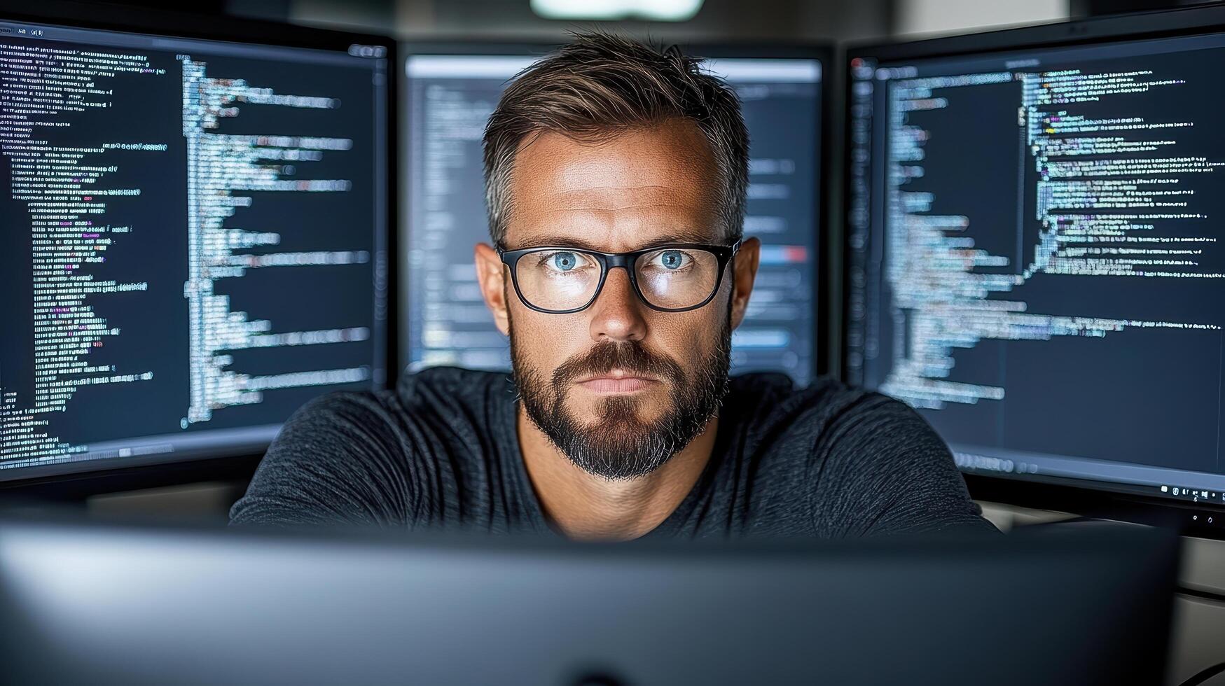 A man with glasses and a beard sitting in front of three computer screens photo