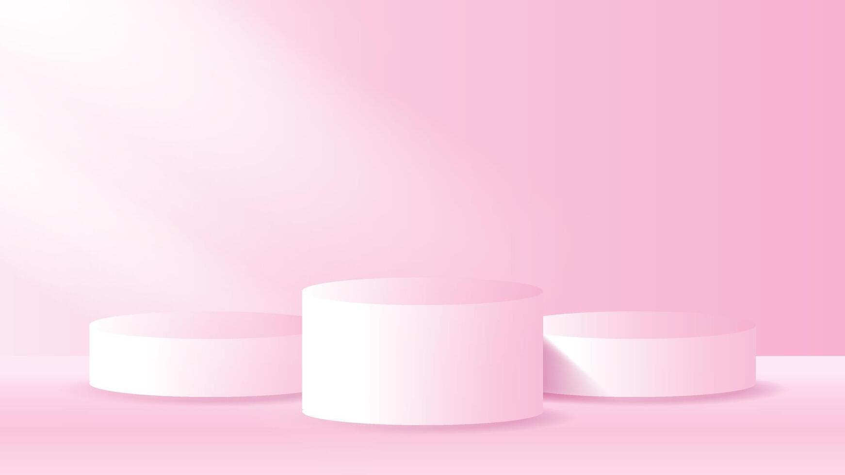 Three cylindrical podiums. Light pink background. Soft gradient lighting. 3D rendered scene. Minimalist design. Product display platform. Smooth edges. Clean, modern aesthetic for beauty products. vector
