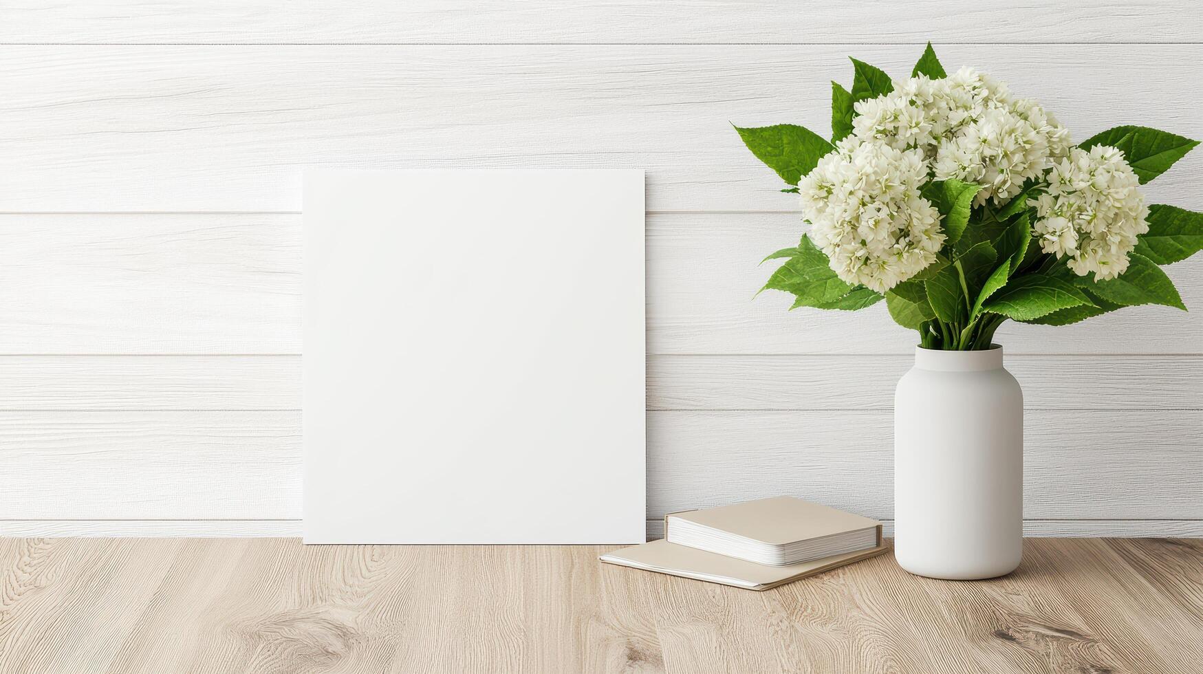 White flowers in a vase with blank poster on wooden table 3d render stock photo