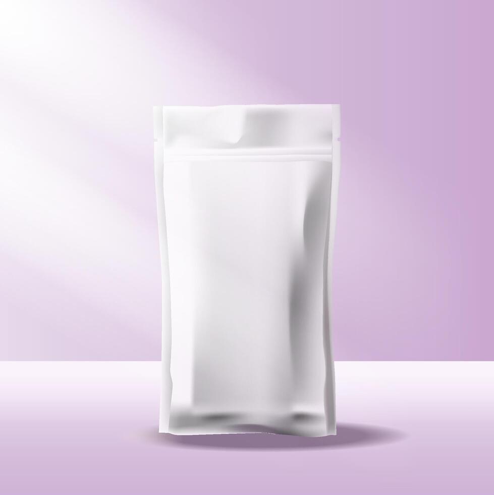 High-resolution glossy stand-up pouch mockup for branding, product presentation. Studio-style composition with focus on shape and texture. Commercial packaging design for promotional and advertising. vector