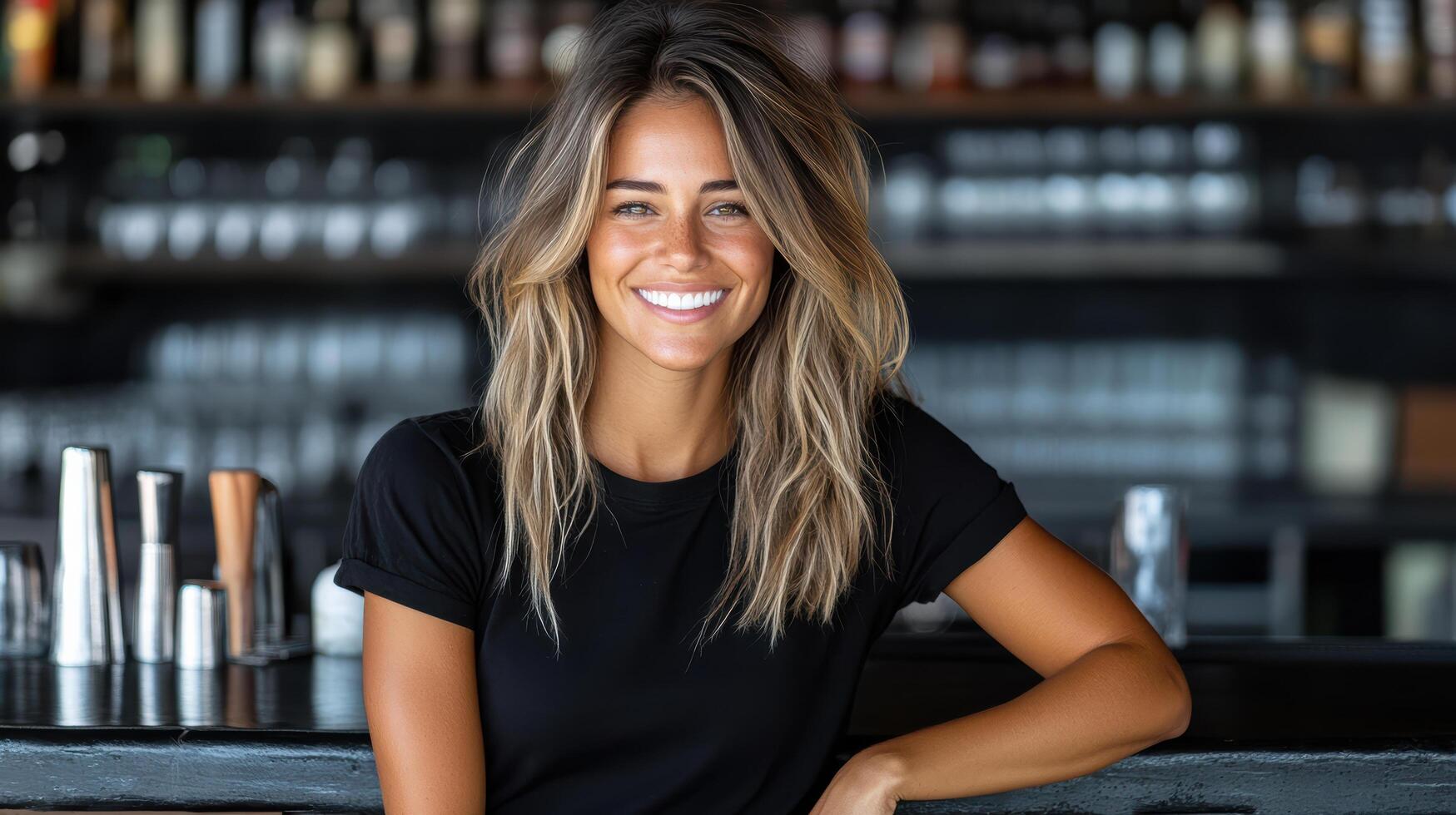 A woman sitting at a bar smiling photo