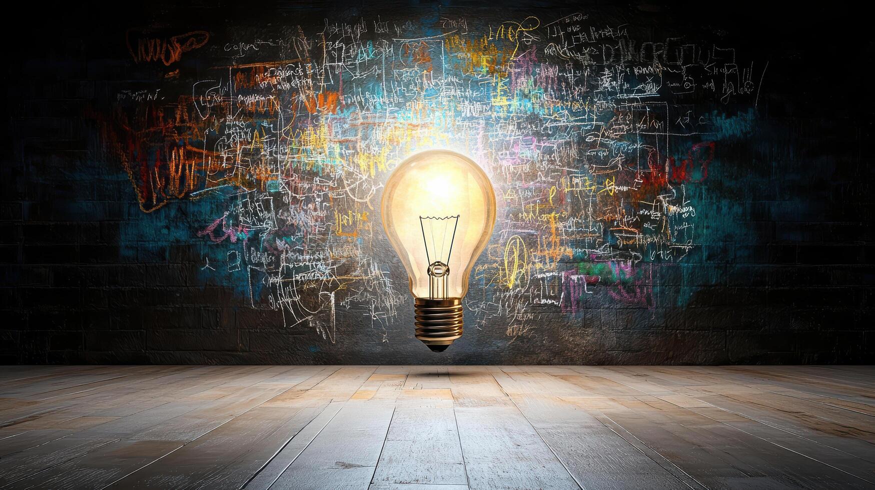 Light bulb on the floor with graffiti on the wall photo