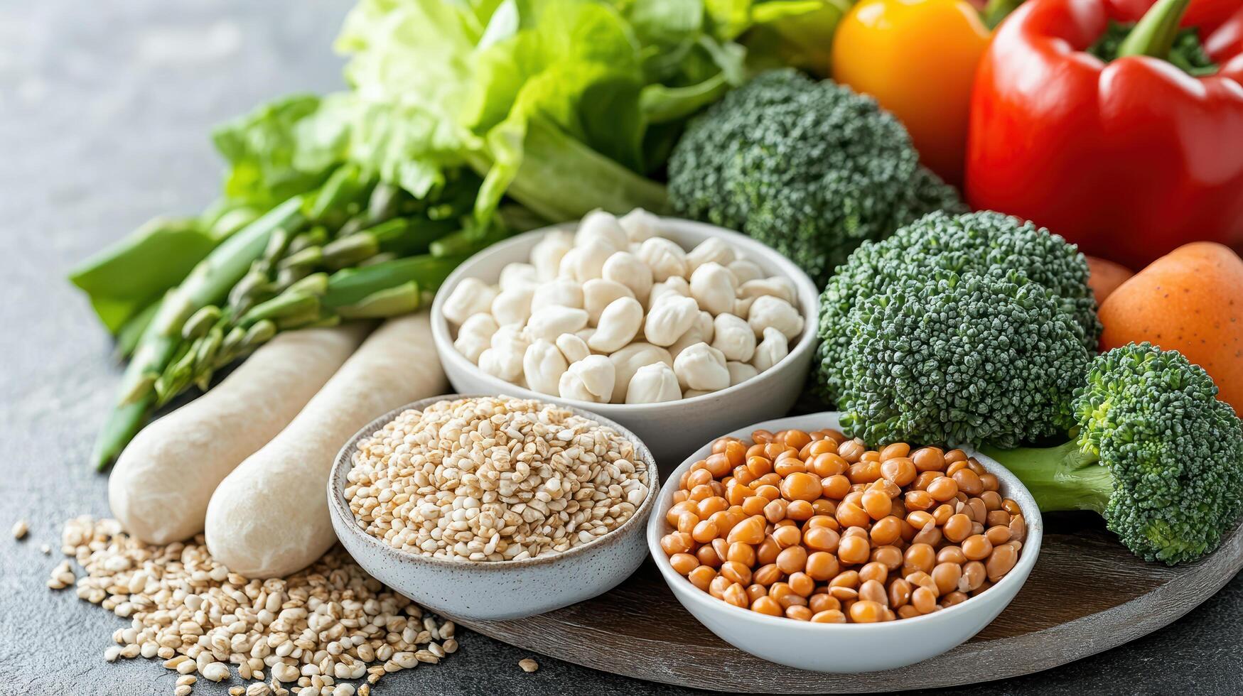 Various vegetables and beans are on a table photo