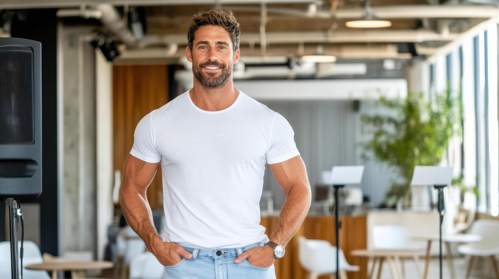 A man in a white t - shirt and jeans standing in front of a speaker photo