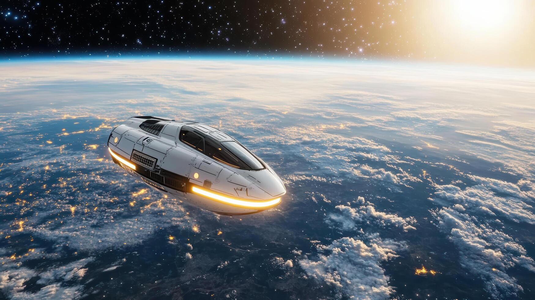 An artist's rendering of a spaceship flying over the earth photo