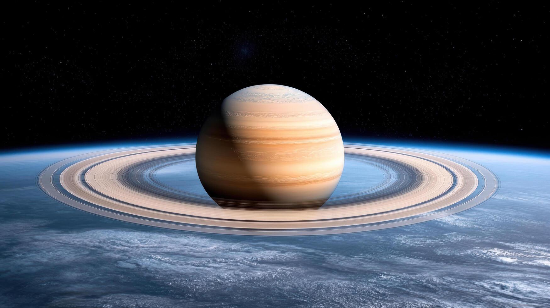 Saturn in orbit over earth with its rings photo