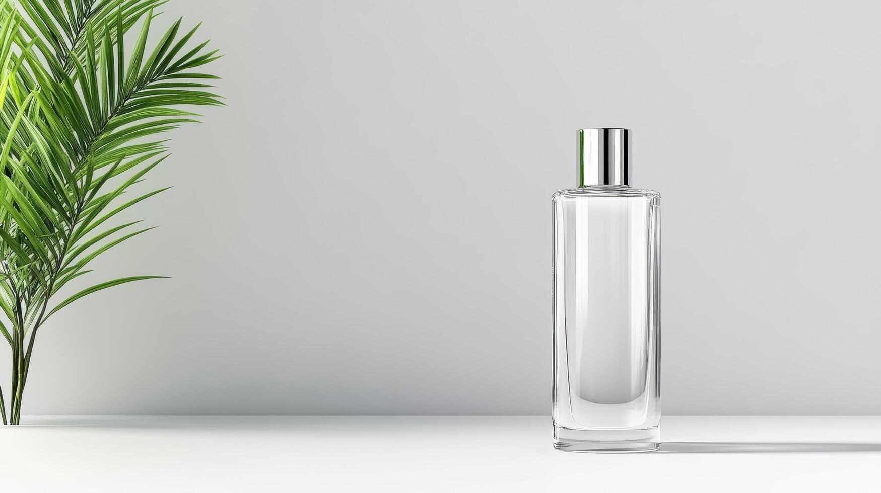 A bottle of perfume next to a palm tree photo