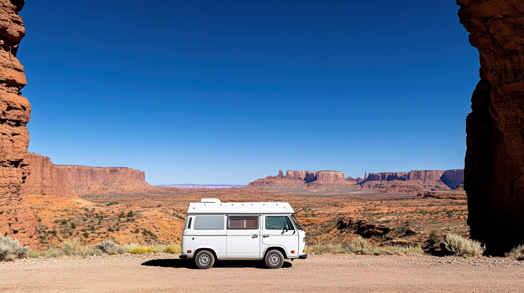 A white van parked in front of a canyon photo