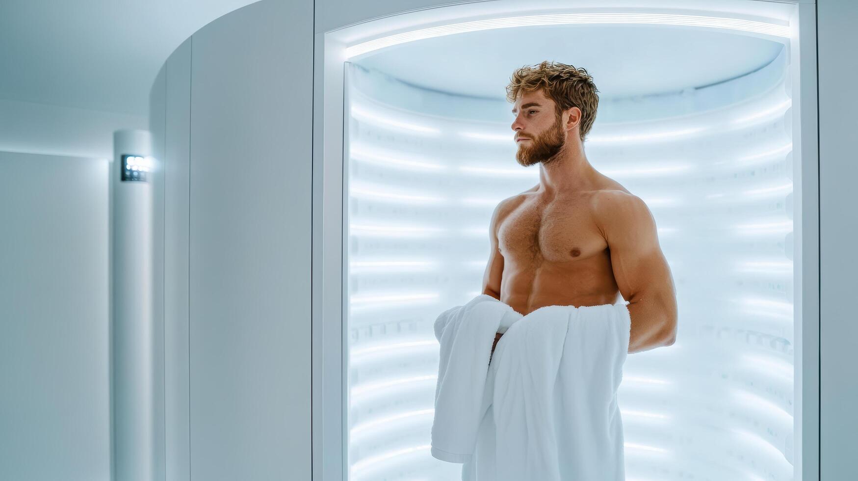 A man standing in a room with a towel on his chest photo