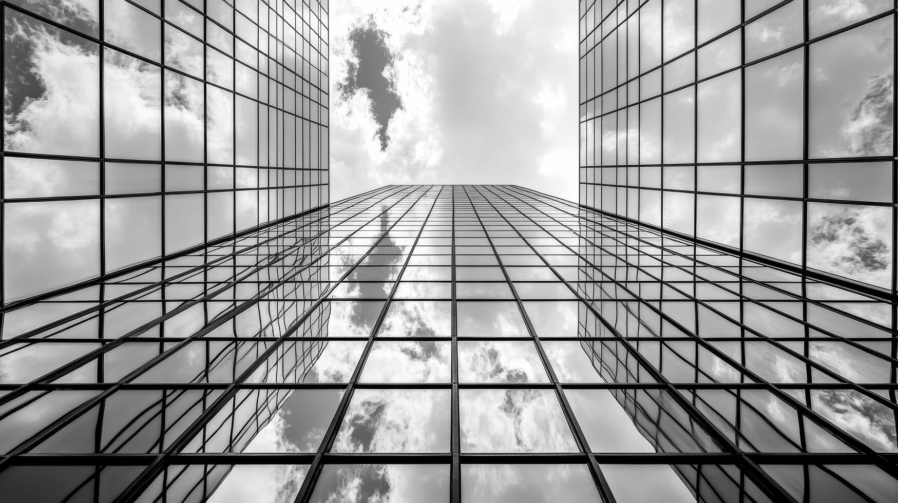 Black and white photograph of a skyscraper with clouds reflected in the glass photo