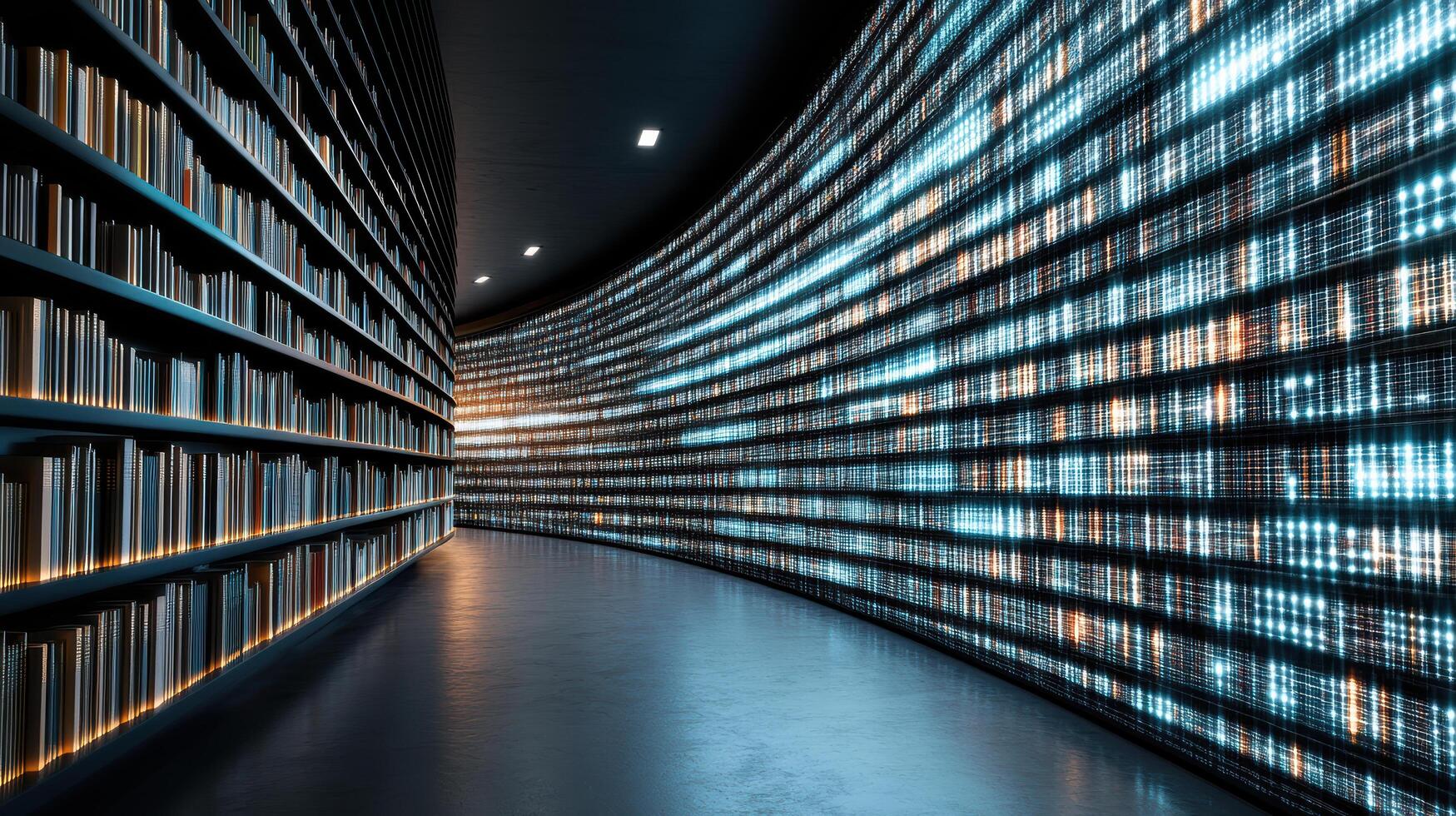 A long hallway with bookshelves and a computer screen photo