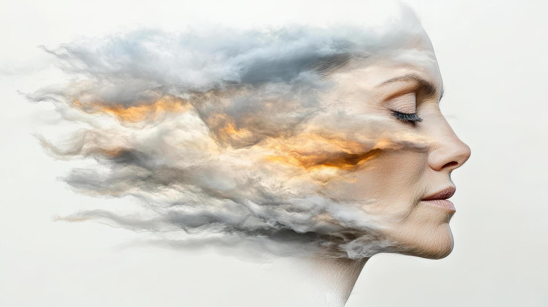 A woman's face with clouds and smoke coming out of it photo