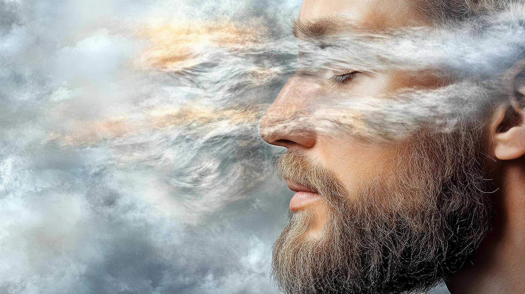 A man with a beard and beard is looking up into the sky photo
