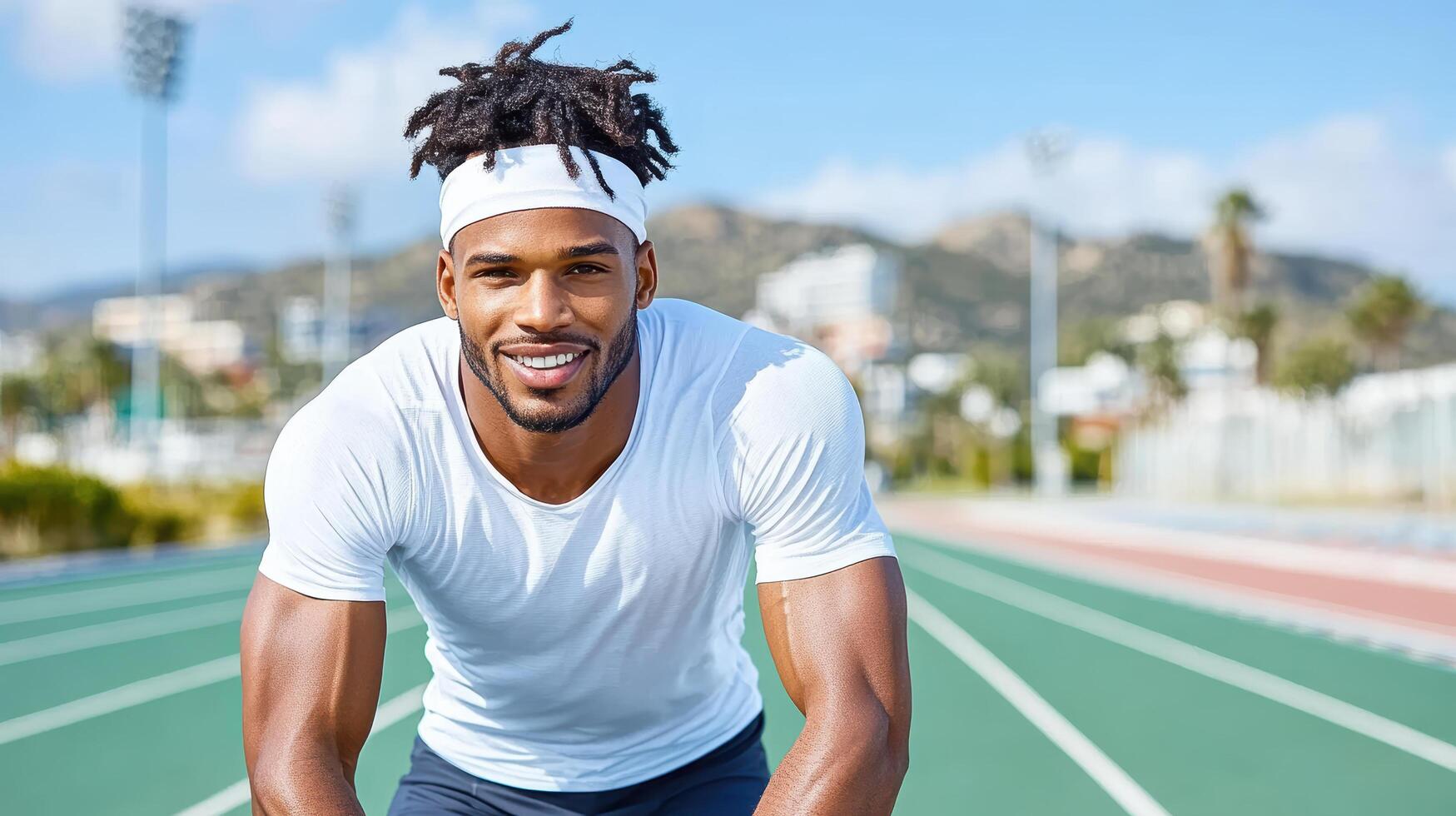 A man is smiling while running on a track photo