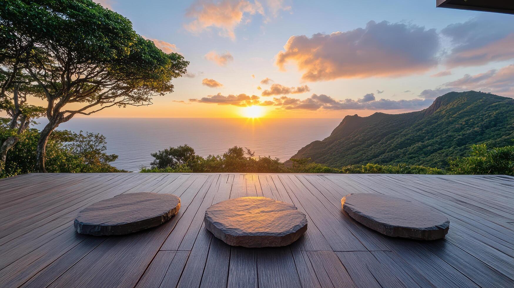 Sunset view from the deck of a luxury resort in the mauritius islands photo