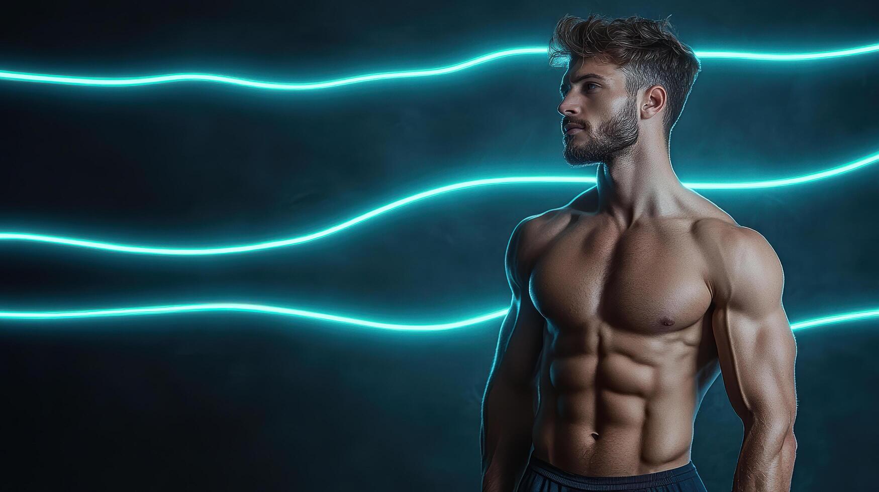 A man with no shirt on standing in front of a neon light photo