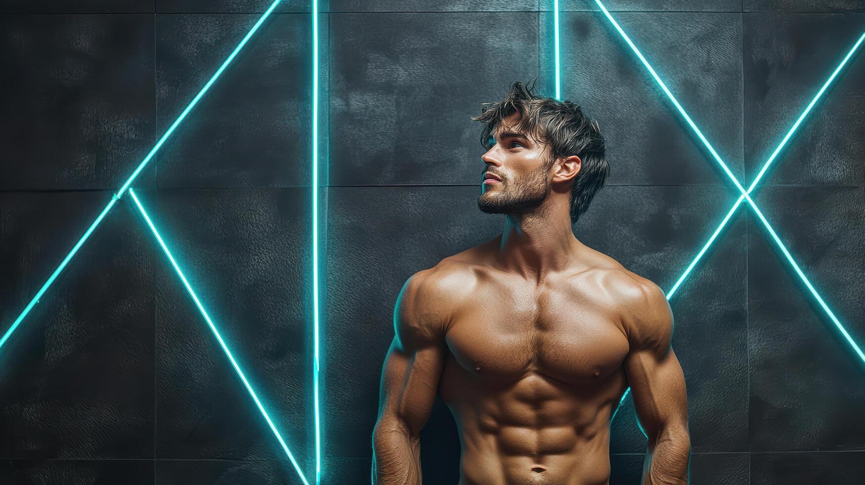 A man with no shirt on standing in front of a neon wall photo