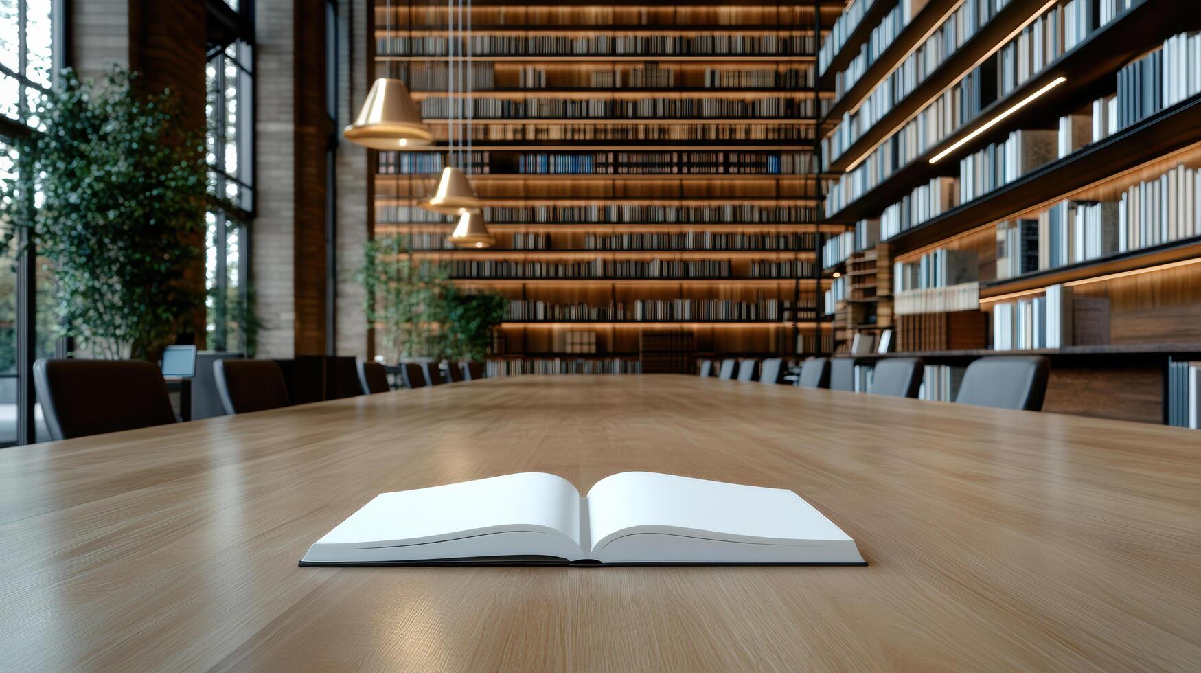 Open book on wooden table in library with bookshelves photo