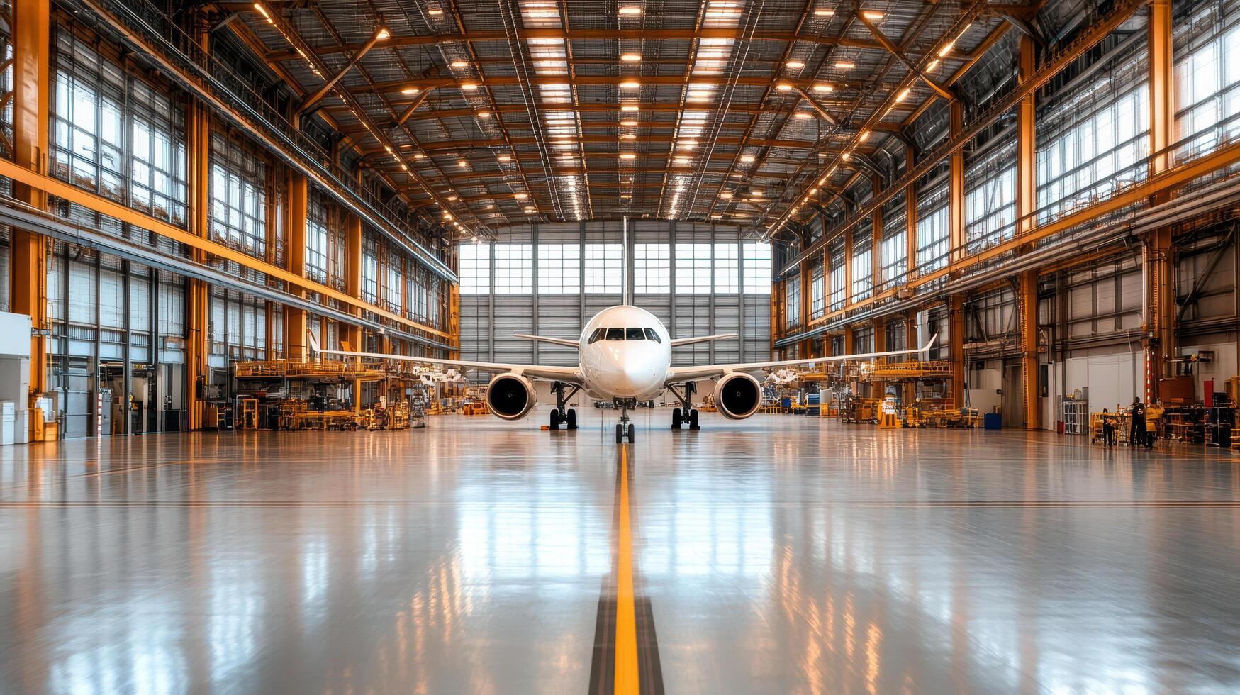 An airplane is parked inside of a large hangar photo