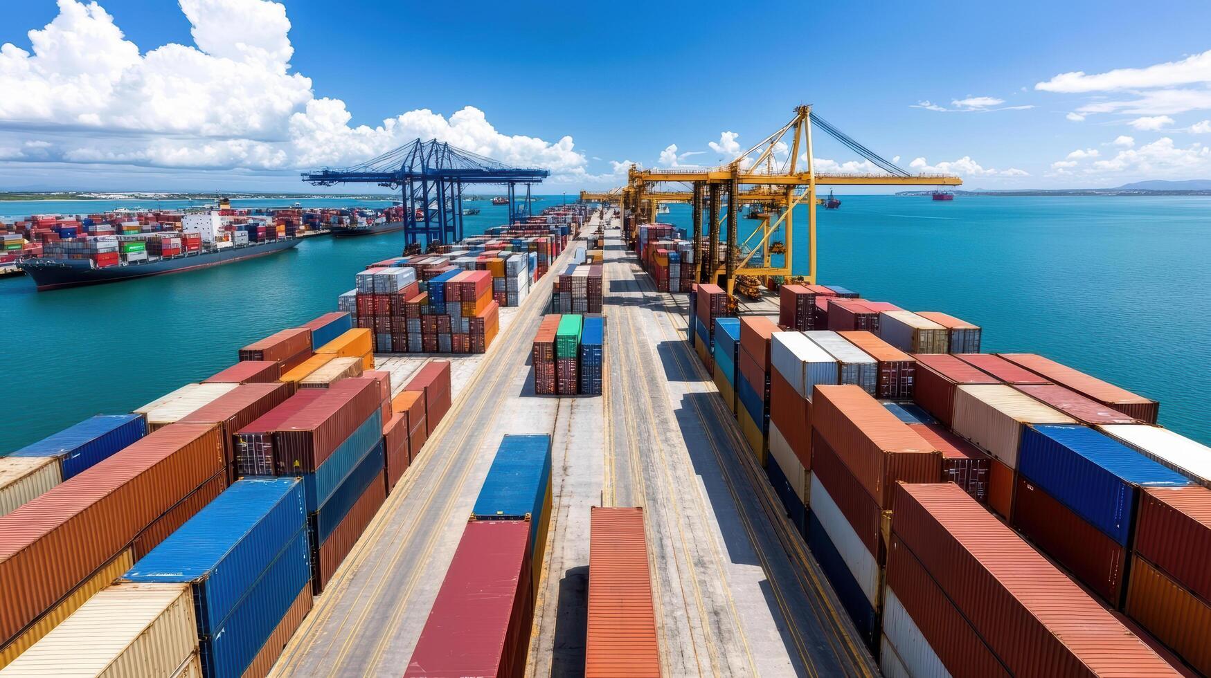 An aerial view of a container ship in the ocean photo