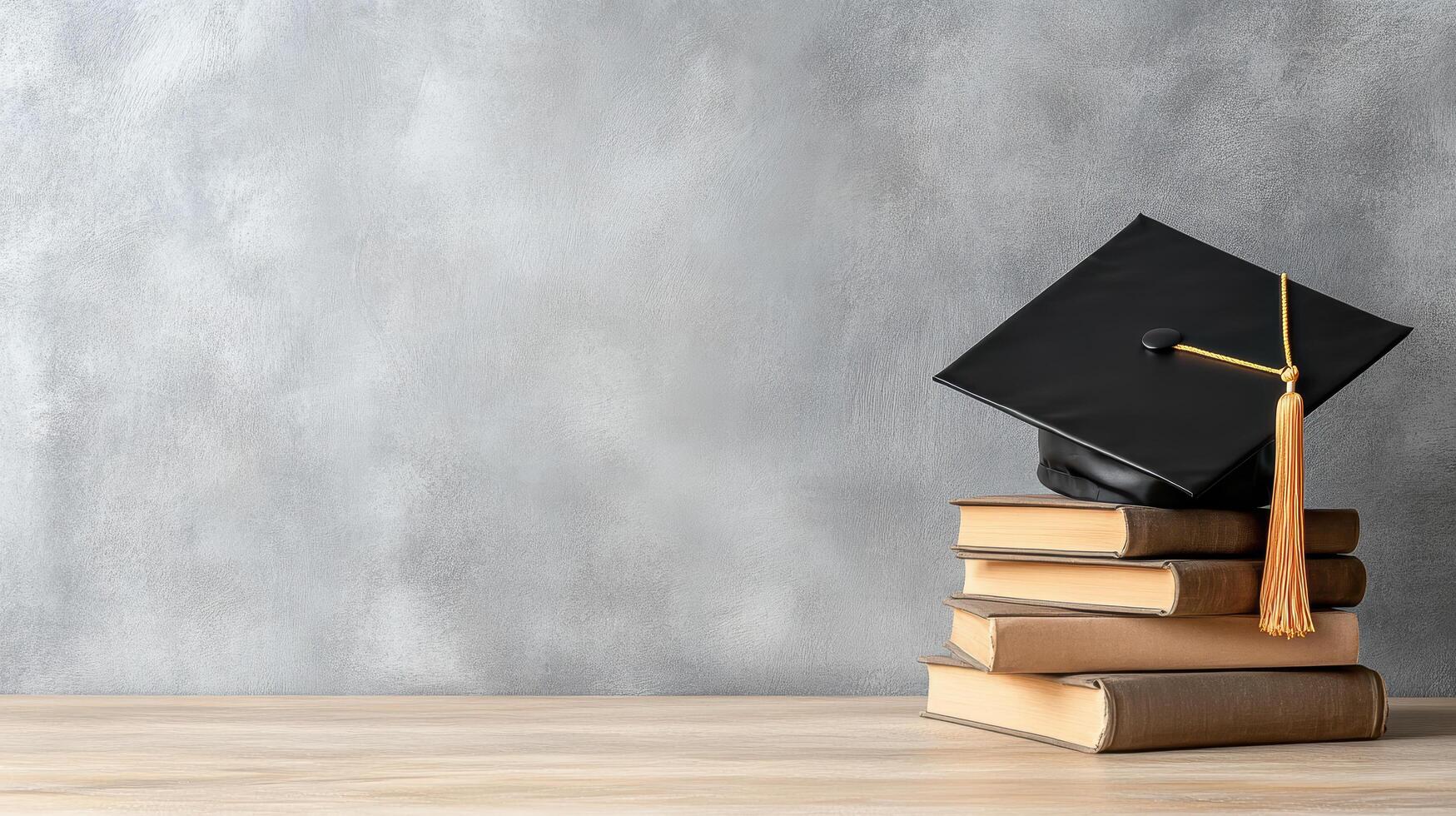 Graduation cap on top of books and a gray wall photo