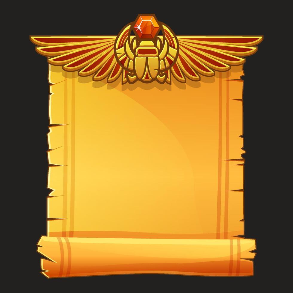 Ancient Egypt papyrus scroll cartoon with scarab and Egyptian culture religious wings, Egyptian icon, object, background or frame for game development. vector