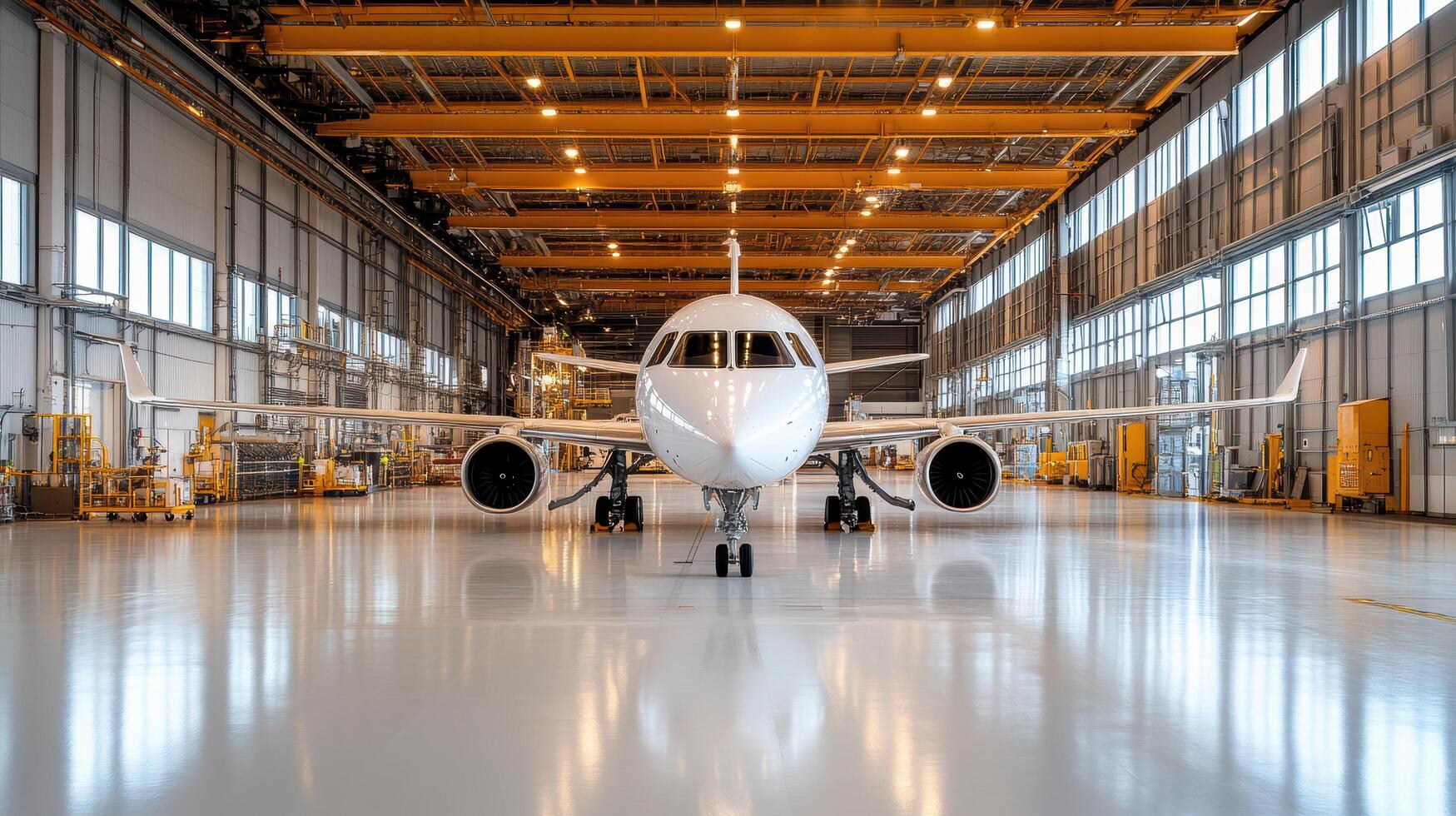 An airplane sitting in a large hangar with lots of windows photo