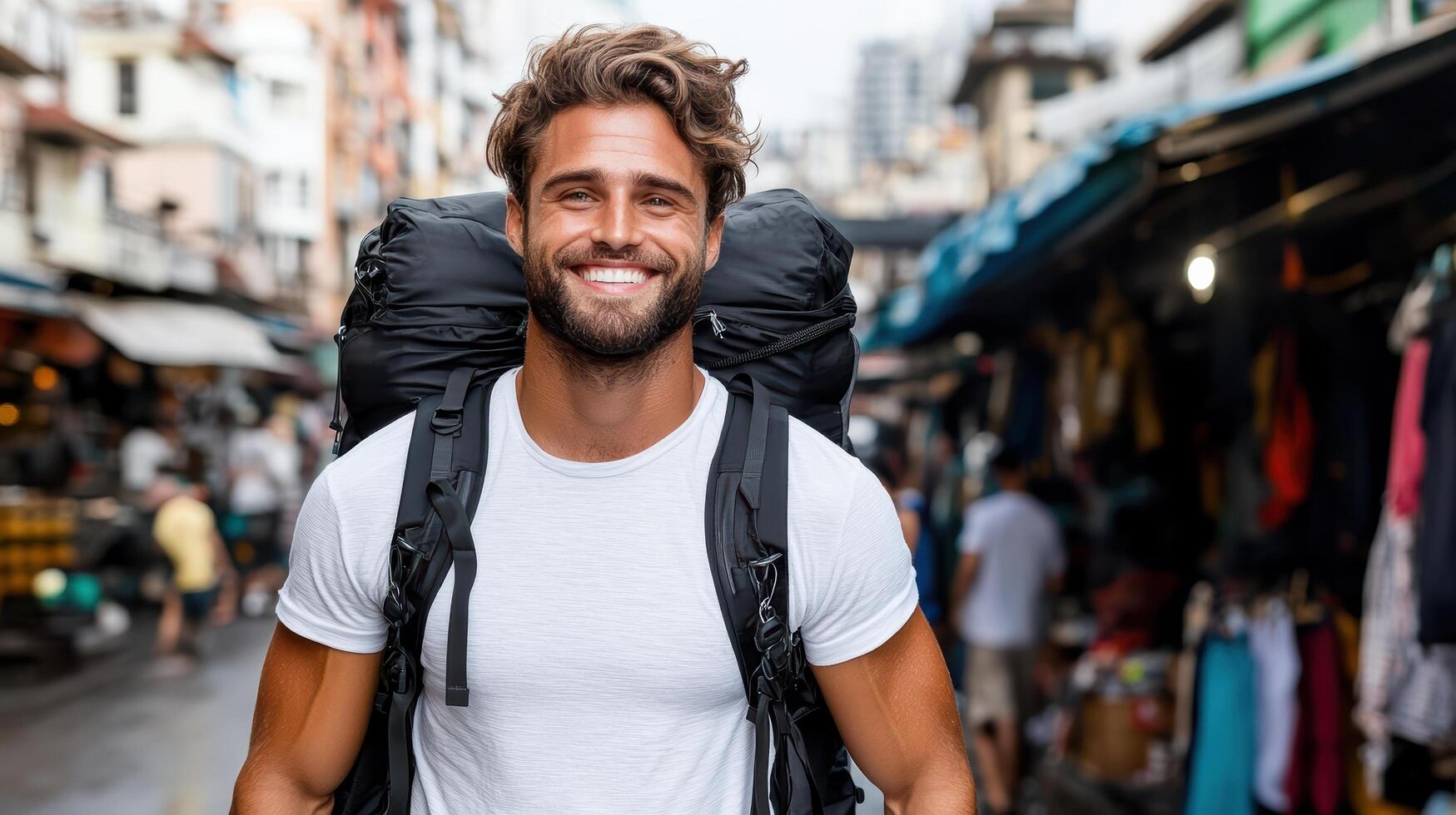 A man with a backpack smiles while walking down a street photo