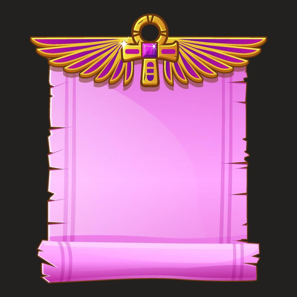 Ancient Egypt papyrus scroll cartoon with Ankh and Egyptian culture religious wings, Egyptian icon, object, background or frame for game development. vector